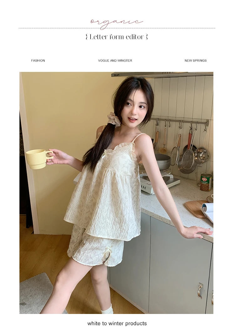 3PCS/Set Women Summer V-neck Pajamas Suspender Sleeveless Shorts Pants Ladies Vintage Fragmentary Homewear Breathable Clothes