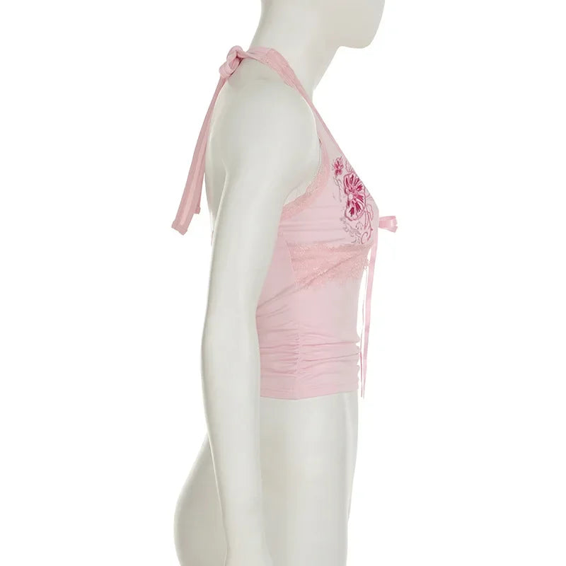 Pink Floral Embroidery Bow Lace Trim Halter Top Pink Vacation Cute Fashion Y2k Crop Tops for Woman Summer 2025