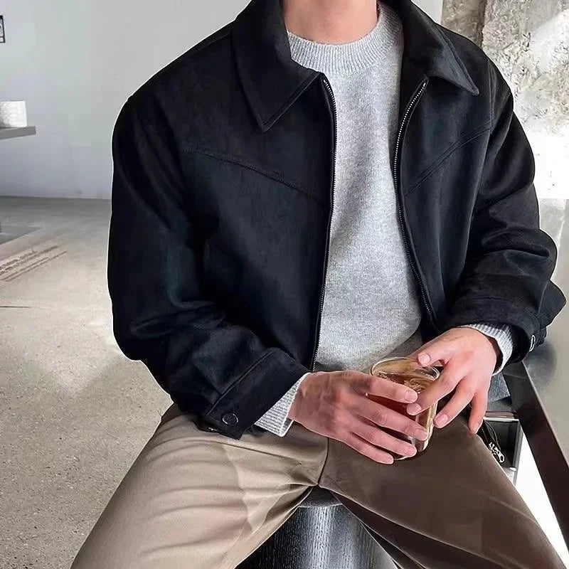 Retro High Street Suede Short Jacket Men Loose Stylish Motorcycle Collar Flight Casual Jacket Spring Autumn Fashionable Versatil