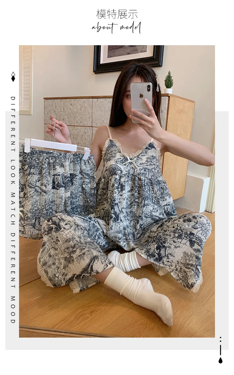 3PCS/Set Women Summer V-neck Pajamas Suspender Sleeveless Shorts Pants Ladies Vintage Fragmentary Homewear Breathable Clothes