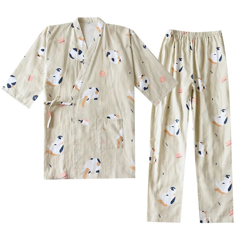 Japanese-style kimono two-piece couple pajamas cover men and women pure cotton gauze cute kitten thin homeware sleepware nighty