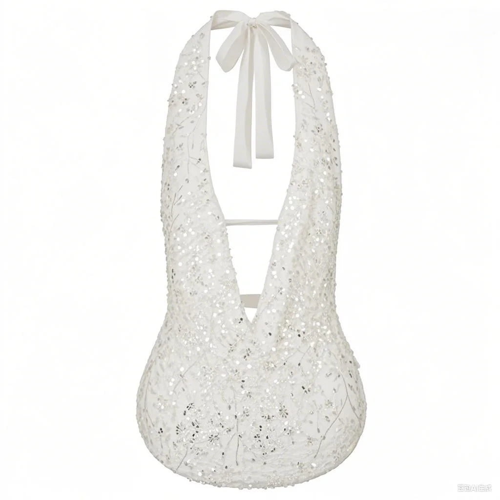 Sexy Deep V Neck Beach Tank Tops Women y2k Coquette Summer Sequins Patchwork Sleeveless Vest Vacation Backless Beach Tops