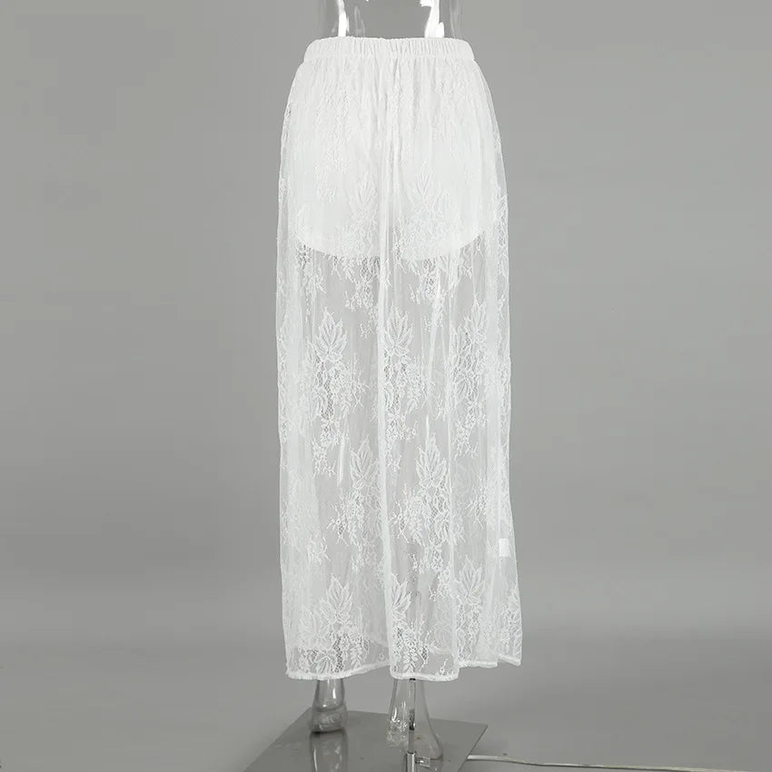 Talenza Lace See-through Skirt Women's White Floral High Waist Patchwork Skirt Lady Summer Sexy Party Elegant A-Line Long Skirt