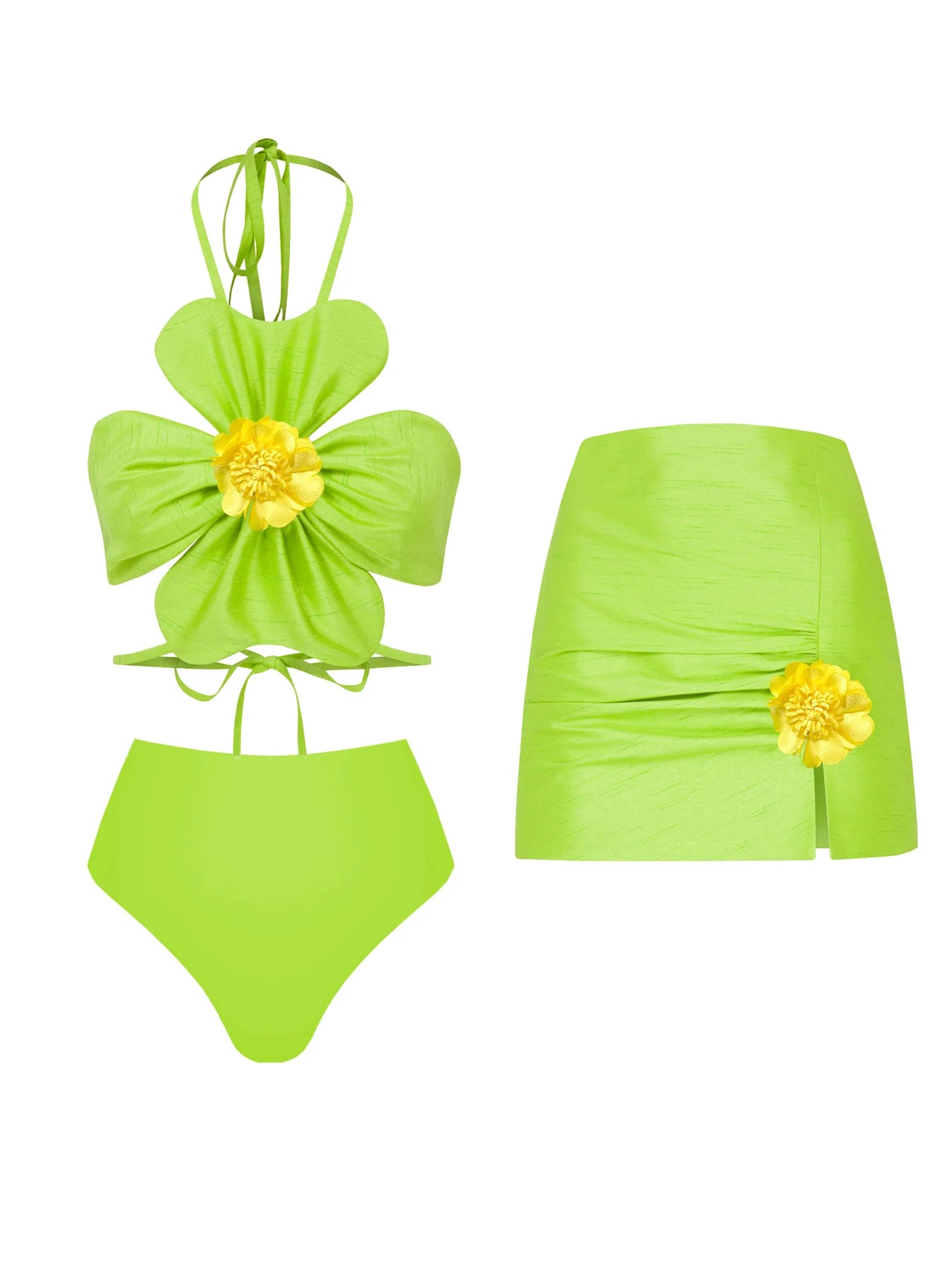 New Women Two-piece Skirt Suit 3D Flower Top Skirt Sleeveless Sweet Waist Chic Slit Skirt Summer Mini Skirt