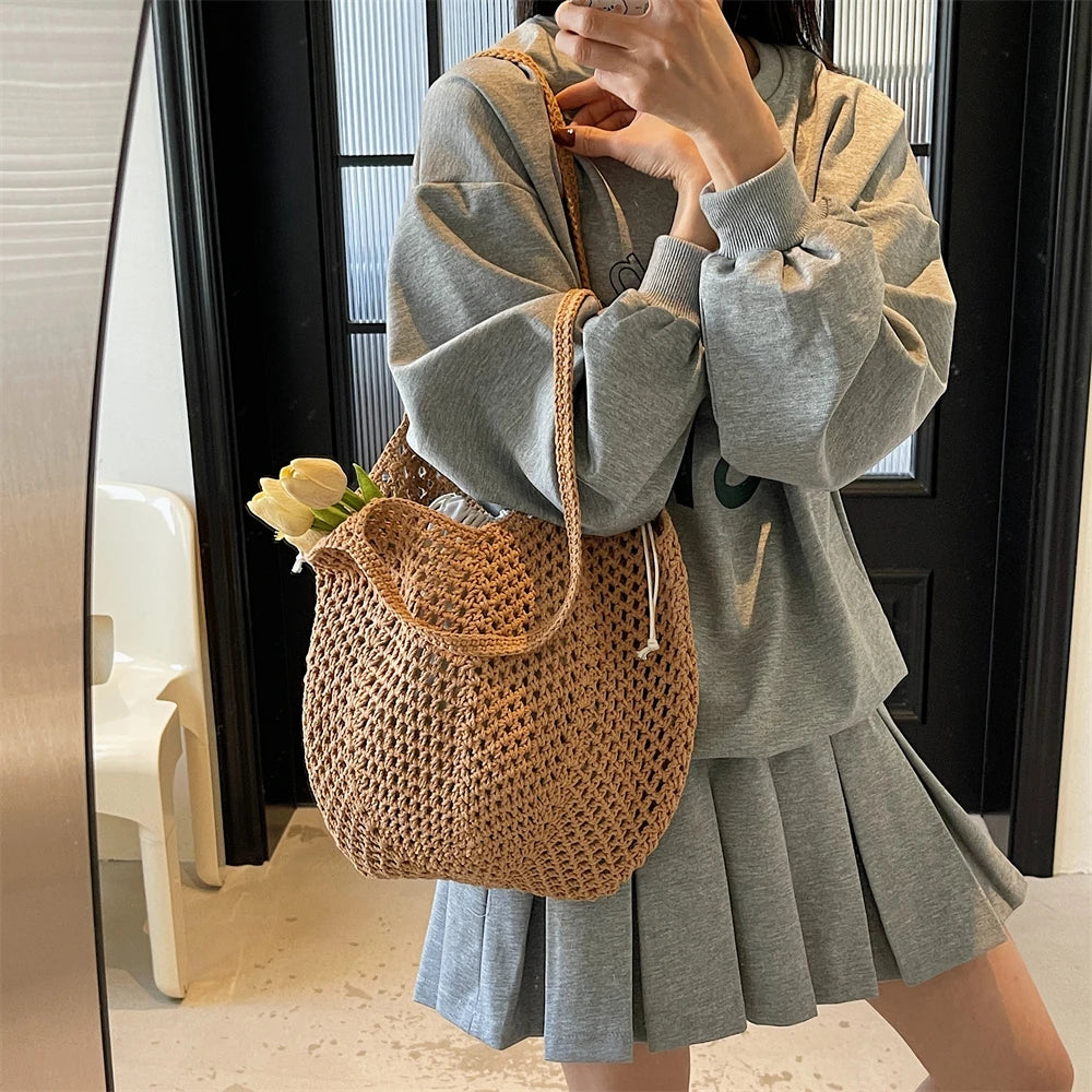 2025 Latest Summer Beach Straw Woven Tote Bag For Women 2-IN-1 Hollow-out Lightweight Large Capacity Shopper Shoulder Bag Female