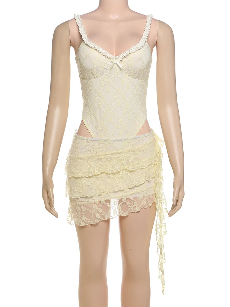 Weird Puss Jacquard Elegant 2 Piece Women Low-Neck Sleeveless Bodysuits+Ruched See Through Tassel Skirts Beach Party Trend Suits