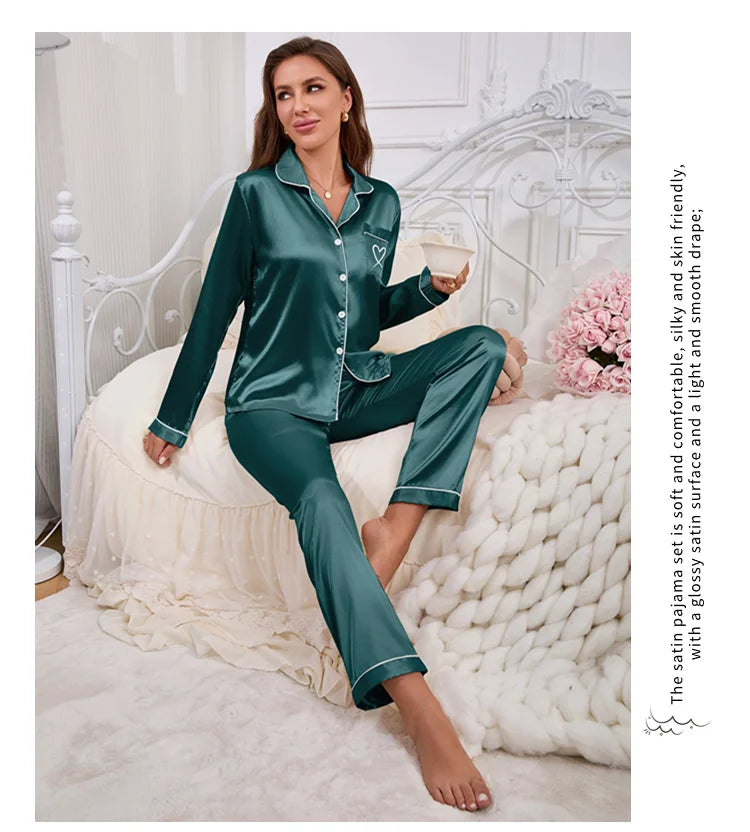 Women's Home Clothes Satin Pajama Autumn Long Sleeve Pocket Heart-shaped Embroidery Tops & Pants Pyjama Femme Loungewear Pj Set