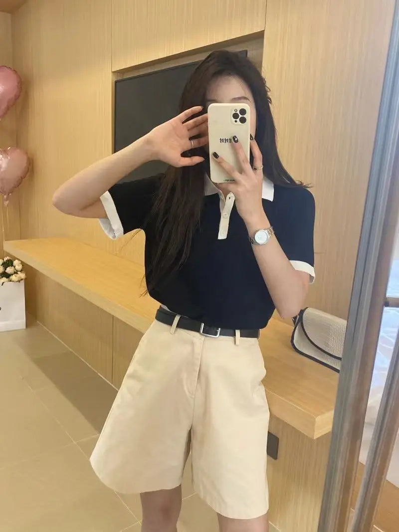 College Style Summer New Knitted Short-sleeved Ice Silk T-shirt Women's Polo Shirt Design Niche Short Underwear Top