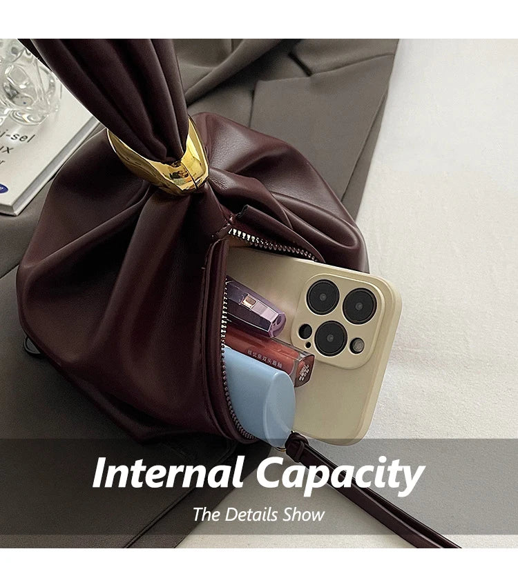 Solid Color PU Leather Handbag Pleated Cloud Shaped Women Bucket Bag, Fashionable Burgundy Women's Luxury Bag