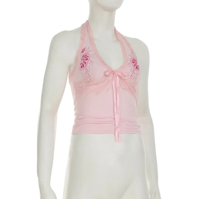 Pink Floral Embroidery Bow Lace Trim Halter Top Pink Vacation Cute Fashion Y2k Crop Tops for Woman Summer 2025