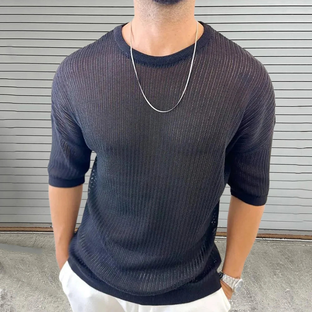Summer New Men's Solid Color Knitted Hollow Short-Sleeved T-Shirt Retro Fashion Trend Casual Simple Daily Breathable Men's Tops