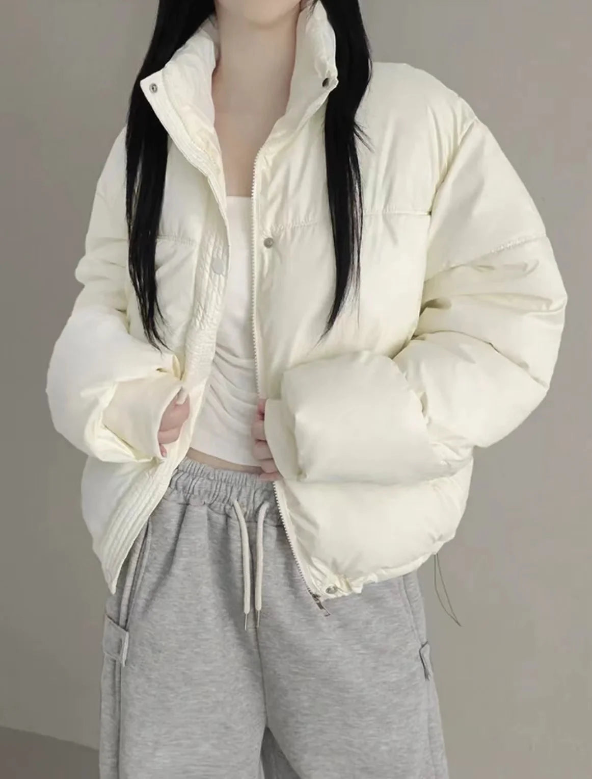Women's Cotton Jaet 2024 New Winter ort Faion Stand Collar Bread Sle Warmth Outerwear Korean Loose Fit Zipper Closure