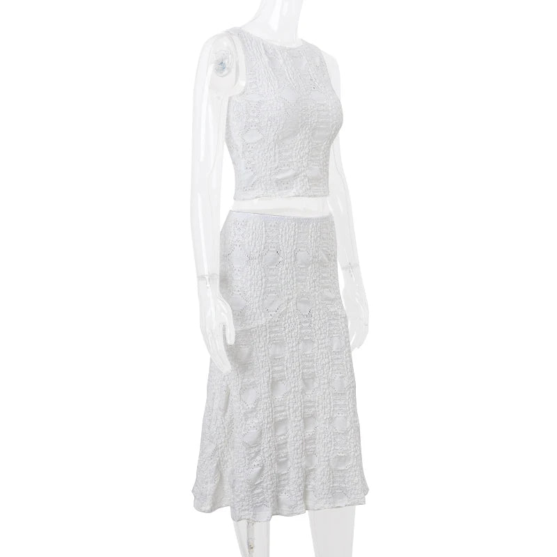 WhereMery Temperament Y2K Casual Streetwear Suits Summer Slim Sleeveless Lace Hollow Top and White Beach Skirt Women 2 Piece Set