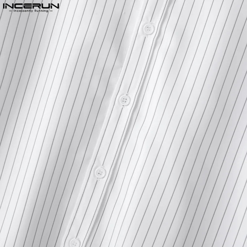 INCERUN Tops 2025 Korean Style Men's Casual Simple Striped Cropped Shirt Fashion Streetwear Male Hot Selling Long Sleeved Blouse