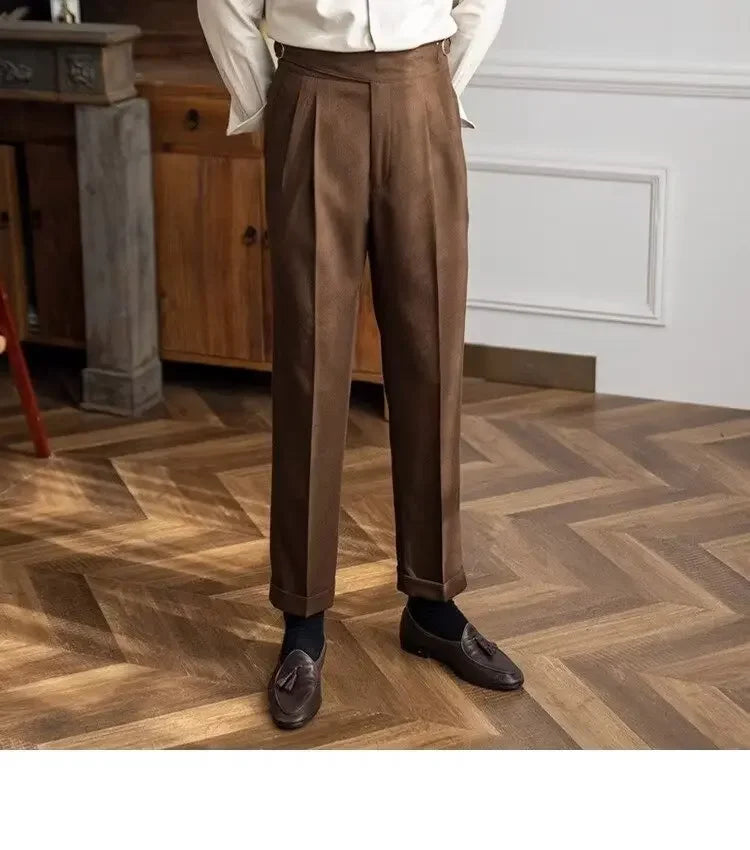 High-waisted Casual Straight-leg Suit Pants For Men Autumn Vintage Draped Waist Trousers Naples Retro Style Business Formal Wear