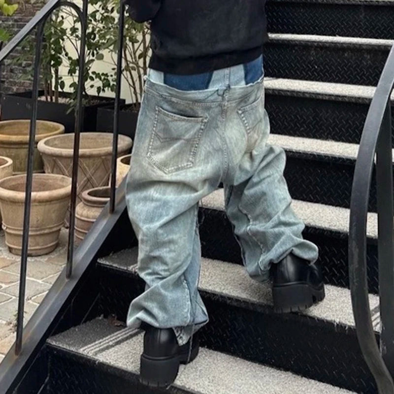 CUT-UP Double-layer Double Waist Patchwork Baggy Jeans for Men and Women Straight Casual Loose Denim Trousers Oversized