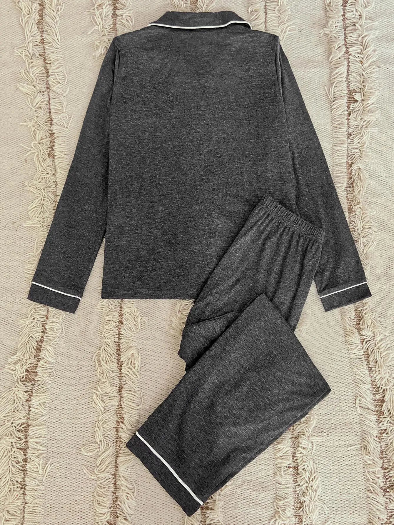 Autumn Pajamas Set Women's Long Sleeves Solid Gray Sleepwear Soft Button Down Loungewear Pjs Set Nightwear S-XL With Pocket