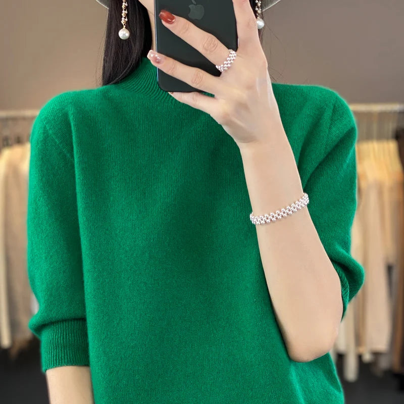 100% pure wool short sleeve summer new women's semi-high neck pullover blouse loose knit vest fashion T-shirt