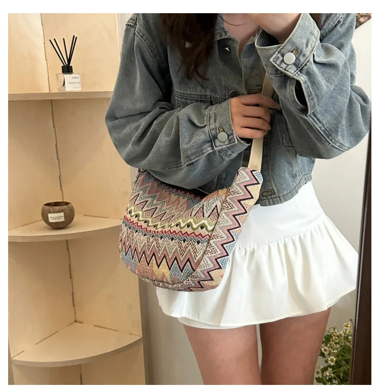 Wave Pattern Design Crossbody Bag for Women New Large Capacity Canvas Shoulder Bag Versatile College Students Dumplings Bag