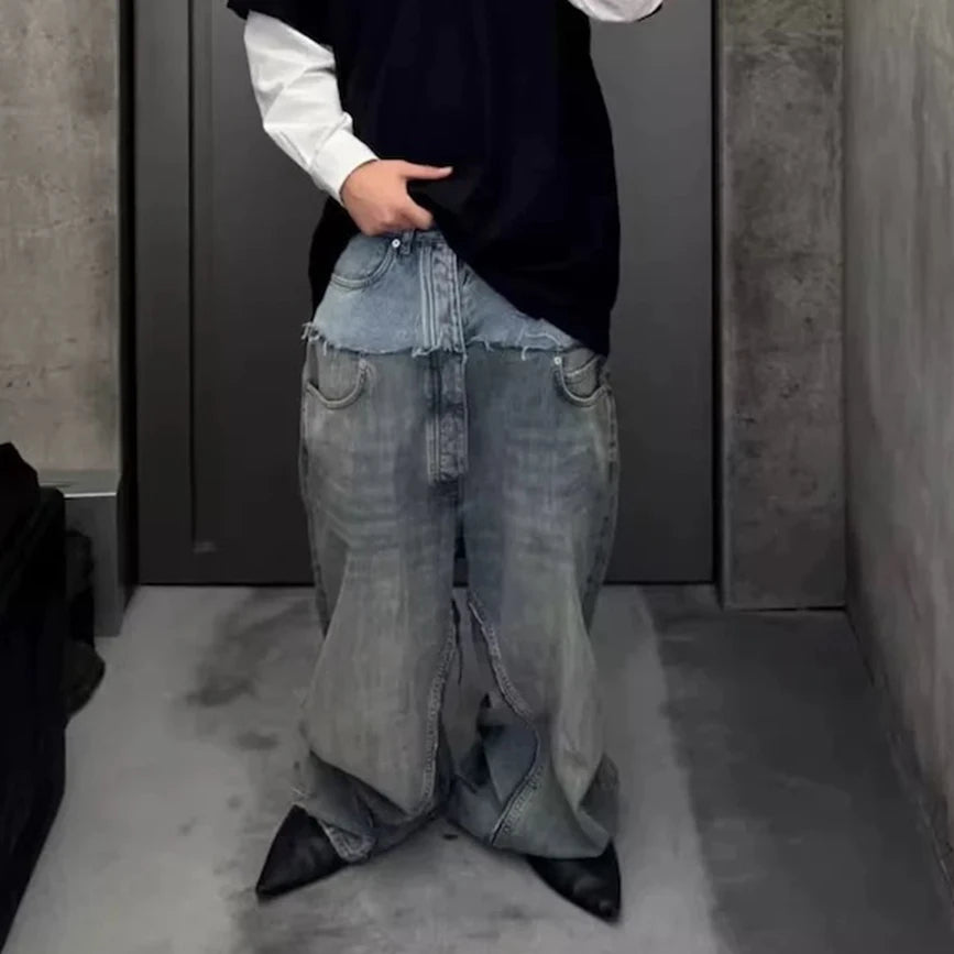 CUT-UP Double-layer Double Waist Patchwork Baggy Jeans for Men and Women Straight Casual Loose Denim Trousers Oversized