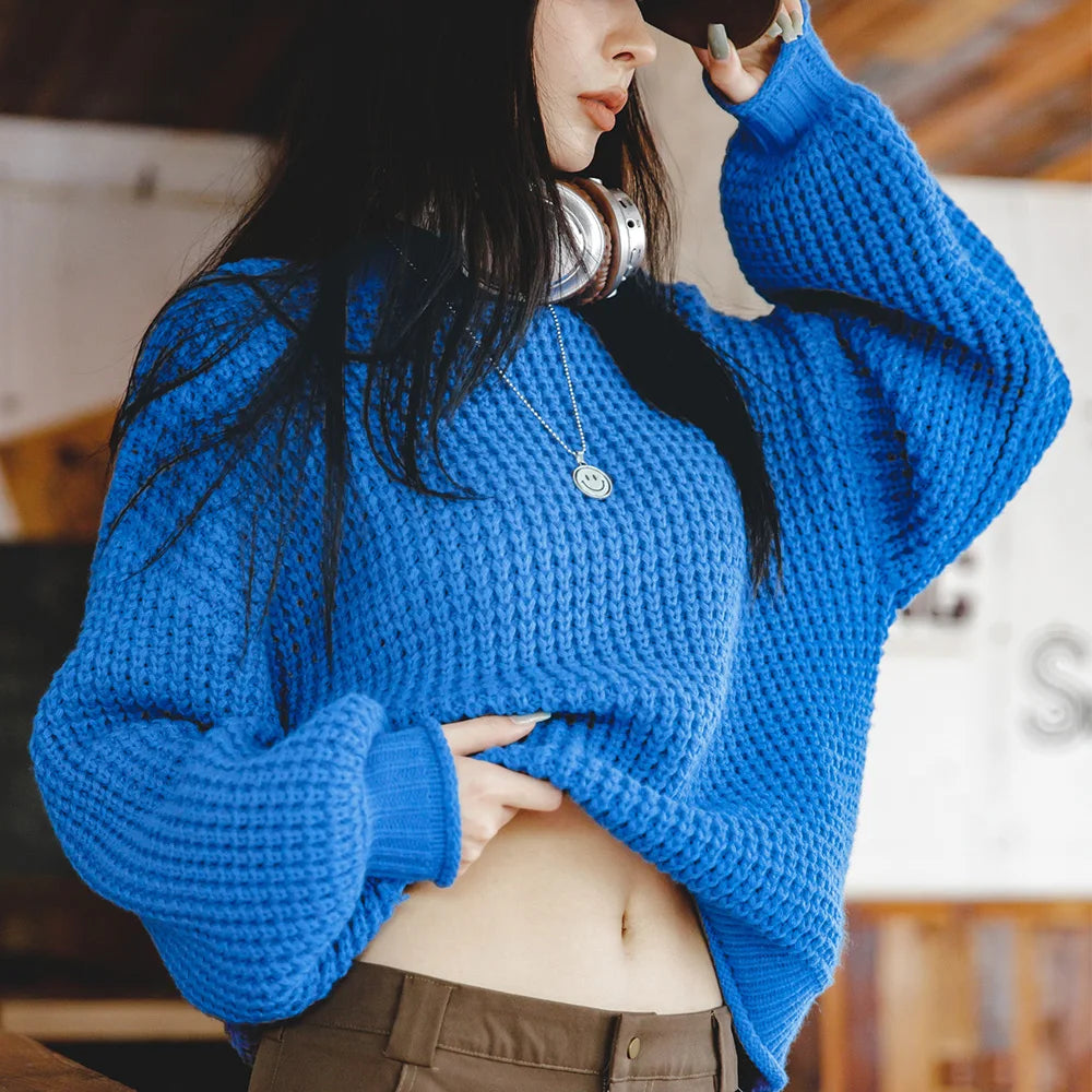 MADEN Women Cornflower Blue Knitted Sweater 2024 New Autumn Winter Long Sleeve Curled Collar Knitwear Warm Pullover Sweater