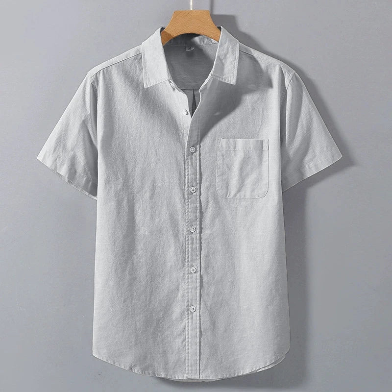 Summer Mens Short Sleeve Shirts Solid Color Stand Collar Oversize T Shirts Breathable Loose Youth Basic Cotton Pocket Shirts Man