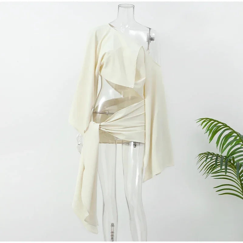 Sexy Solid Pleated Knot Mini Skirts Sets For Women Chic One Shoulder Flared Sleeve Loose Cape Tops Suits 2025 Lady Party Outfits