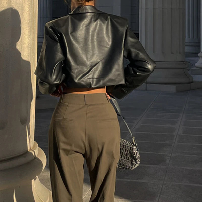 WhereMery Faux Leather Short Jacket Y2K Turn-down Collar Fashion Botton Decoration PU Coat 2022 Grunge Street Casual Women Coats