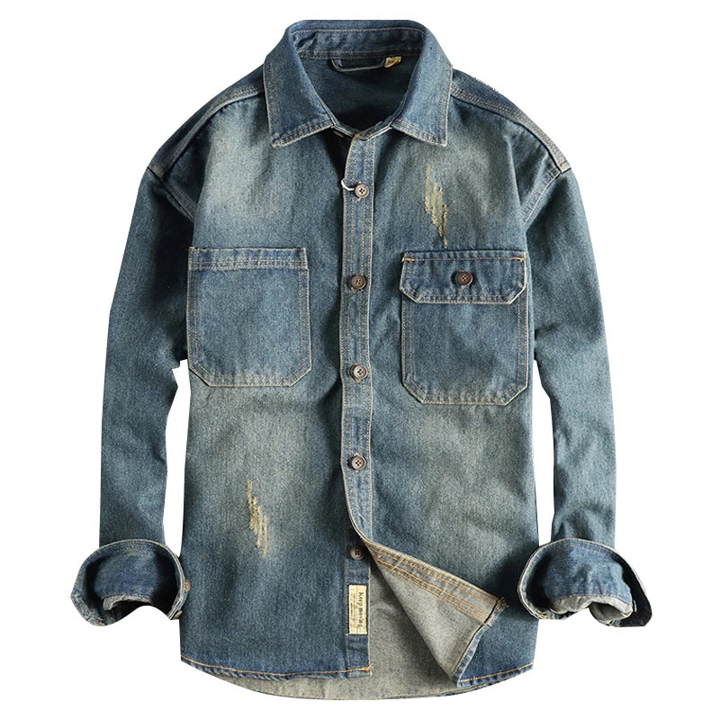 Sping New Japanese Retro High Quality Denim Cargo Shirt Men's Fashion 100% Cotton Washed Old Thick Double Pocket Casual Jacket