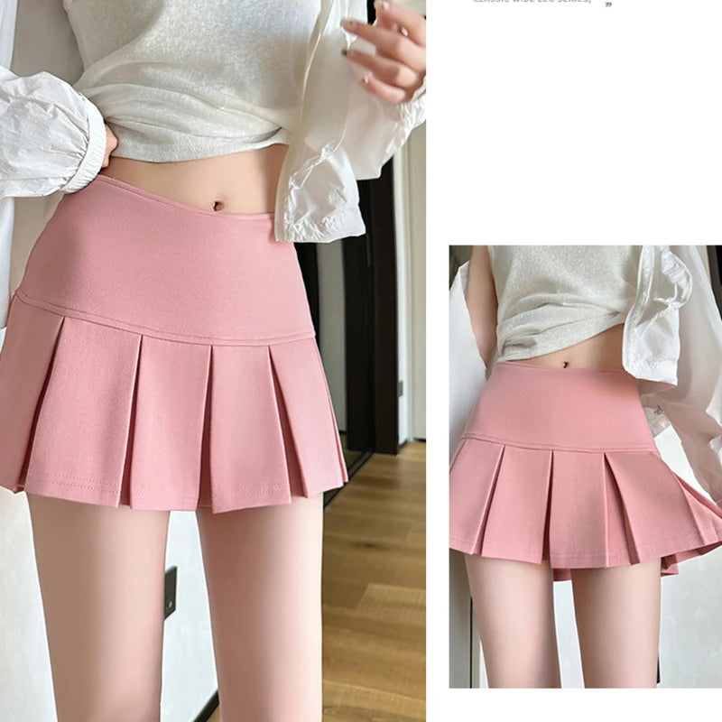 Korean Pleated Mini Skirt Women Summer 2025 New High Waist Wide Pleat Light Grey Sexy Vintage A-Line Pleated Skirt Casual Skort