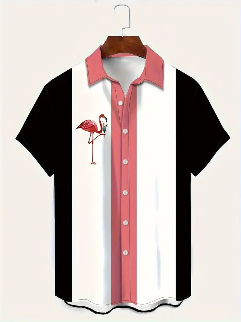 Summer Hawaiian Flamingo Print Men's Funny Short Sleeved Women's Blouses Beach Shirts Lapel Casual Button Shirt Men Clothes