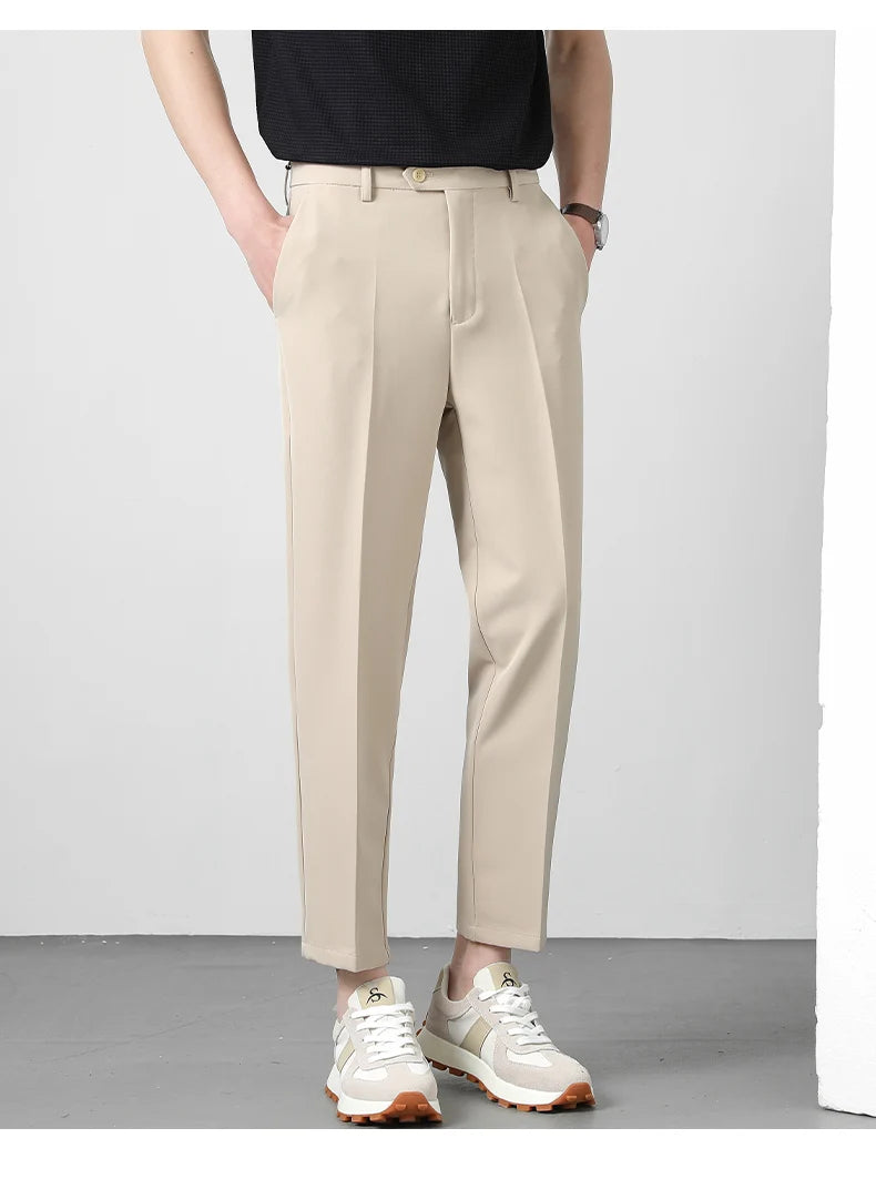 Spring Summer Suit Pants Men Business Smooth Slim Business Office Social Elastic Waist Ankle Length Formal Korean Trousers Male