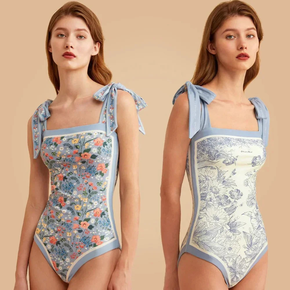 New Vintage Printed Double-sided Wear Swimming Bathing Suit Women Bandage Sexy One Piece Swimsuit Beachwear Swimwear Woman