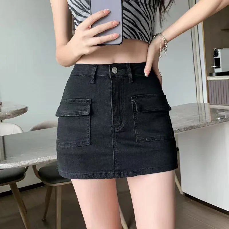 Xpqbb Denim Short Skirt for Women Korean Style High Waist Pockets Cargo Mini Skirt Female Sexy Skinny Anti-Glare Bodycon Skirts