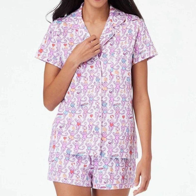 Kawaii Cartoon Print Lounge Pajama Sleepwear Women Short Sleeve Blouse Shirt Top + Shorts Y2K Vintage Comfy 2 Piece Set Outfits