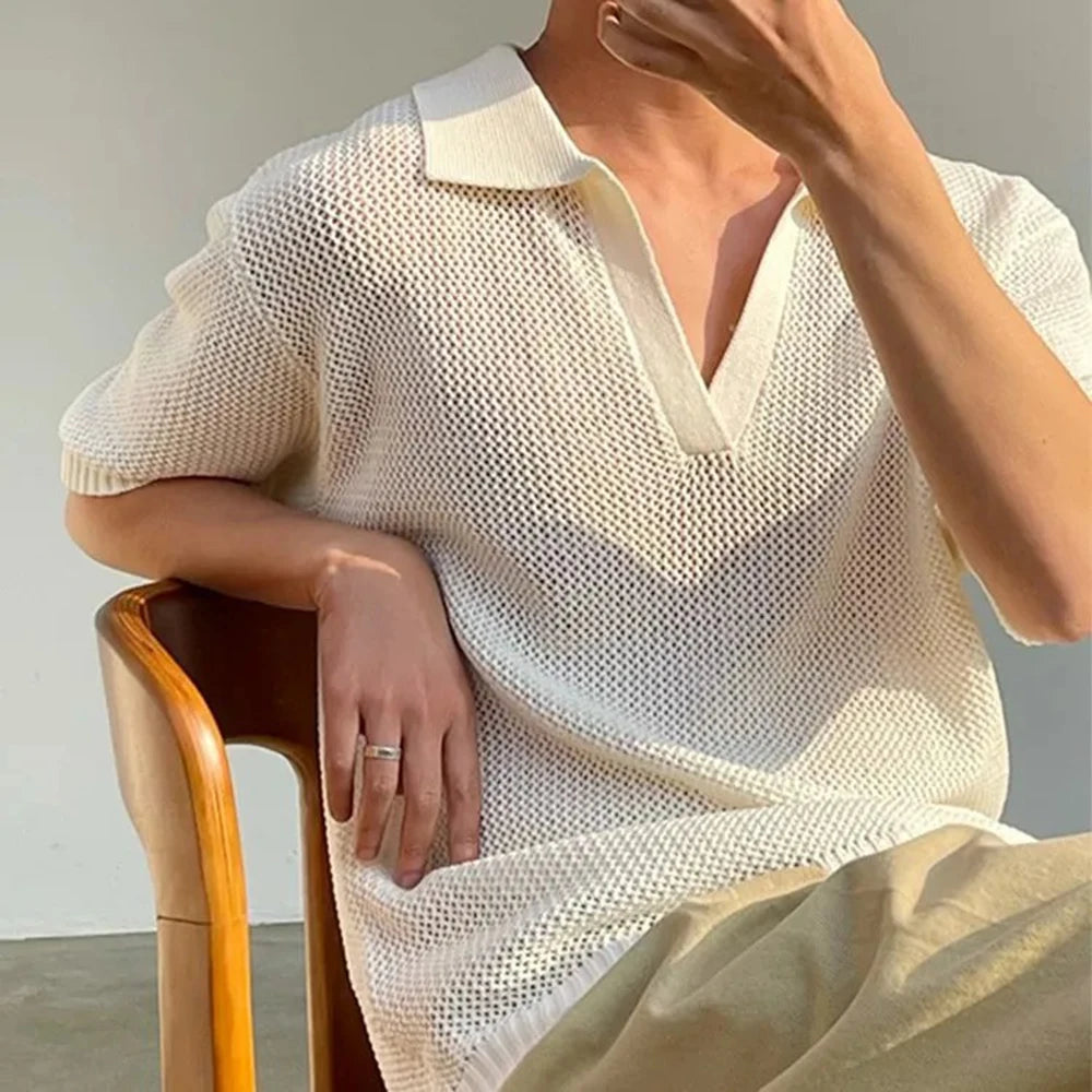 Summer New Men's Hollow Solid Color Knitted Short-Sleeved T-Shirt Retro Fashion Trend Casual Simple Loose Breathable Men's Tops