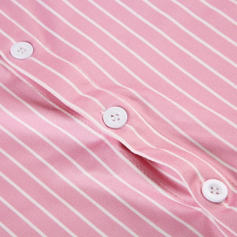 Sweetown Blue Stripe Short Sleeve Shirts For Women Button Up Turn Down Collar Slim Simple Casual Preppy Tops Basic Summer Tees