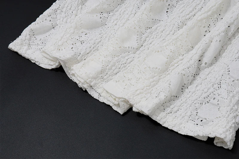 WhereMery Temperament Y2K Casual Streetwear Suits Summer Slim Sleeveless Lace Hollow Top and White Beach Skirt Women 2 Piece Set