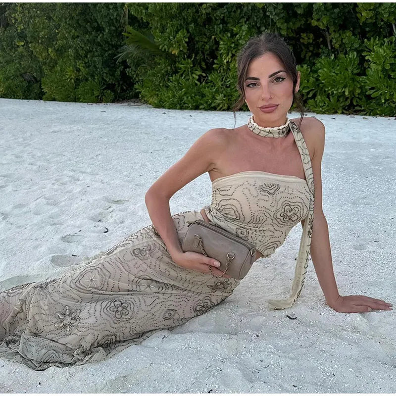 Sexy Beaded Halter Vest Long Skirt Sets Women Slim Backless Cropped Top Mermaid Skirts 2025 Summer Lady Beach Embroidery Outfits