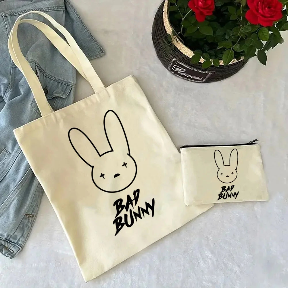 Un Verano Sin Ti Gift Bag Set, Bad Bunny Print Tote Bag, Casual Canvas Shoulder Bag with Mini Storage Bag