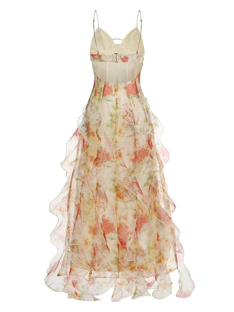 New Sexy Sleeveless V Neck Printed Ruffles Long Dress Women Spaghetti Strap Floral Printing Split Dress Holiday Party Sundress