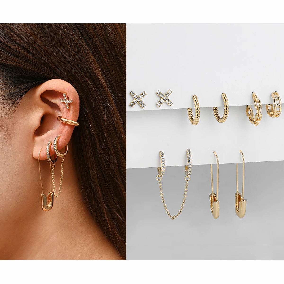 Punk Rock Helix Fake Cartilage Ear Cuff with Long Chain Circle Hoop Earrings Set for Women Tiny Piercing Huggie Earring Jewelry