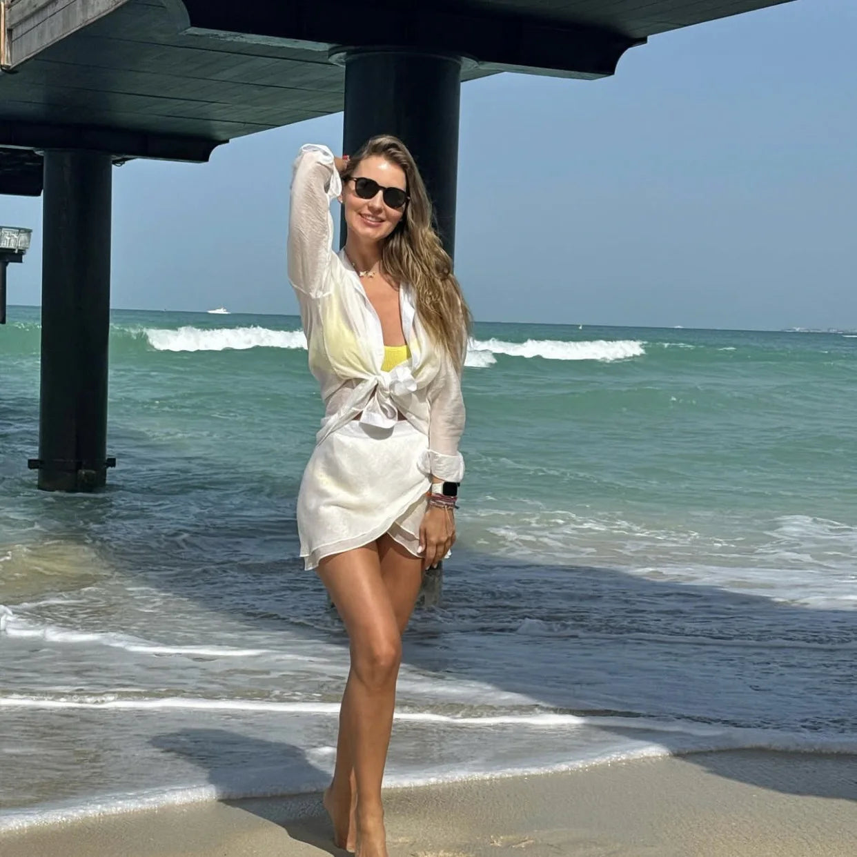 Casual 2 Piece-Set Summer Female Cover up And Ruffled Mini Skirt Lace-Up Beach Holiday See-Through Loose Women's Outfits
