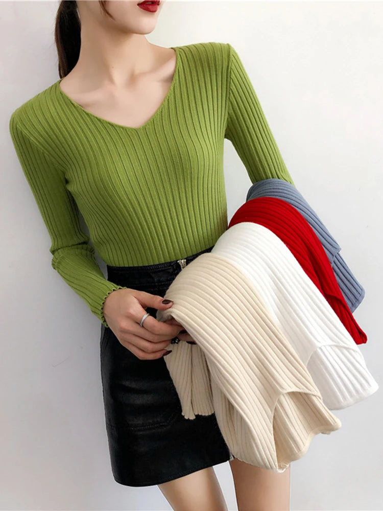 2025 V Neck Women Autumn Winter Sweaters Slim Knitted Pullovers Soft Warm Solid Jumper Female Sweater Casual Knitwear Jersey Top