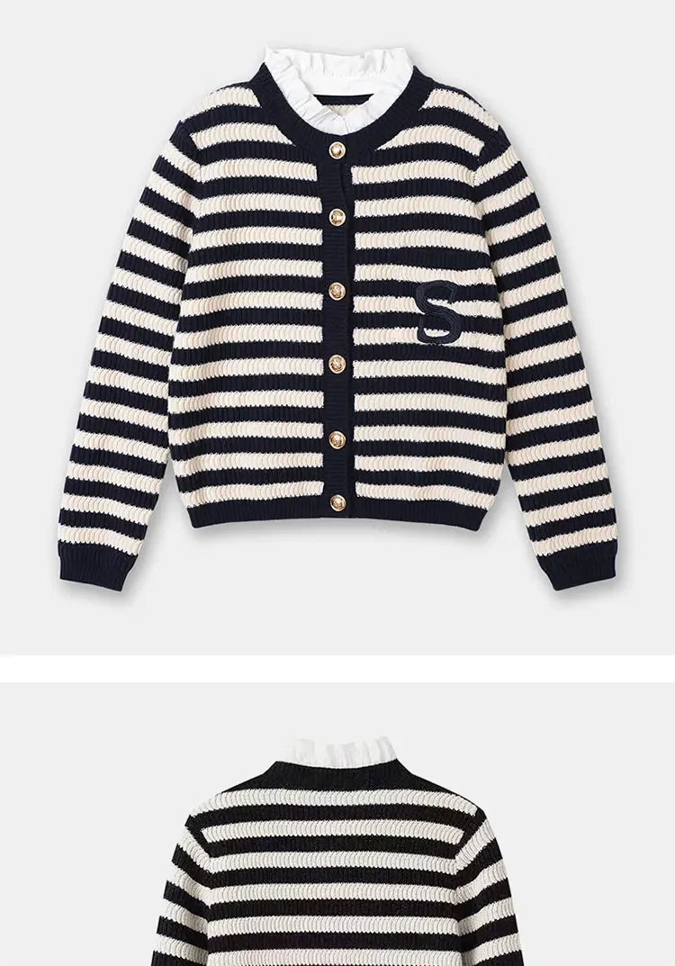 2024 Spring Classic S Letter Knit Cardigan Coat Women Stripe Sweater Ruffles Collar Tops Luxury Designer Brand Chic Y2K Clothing
