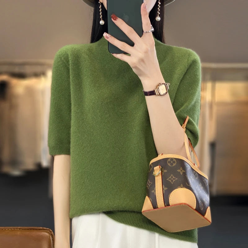 100% pure wool short sleeve summer new women's semi-high neck pullover blouse loose knit vest fashion T-shirt