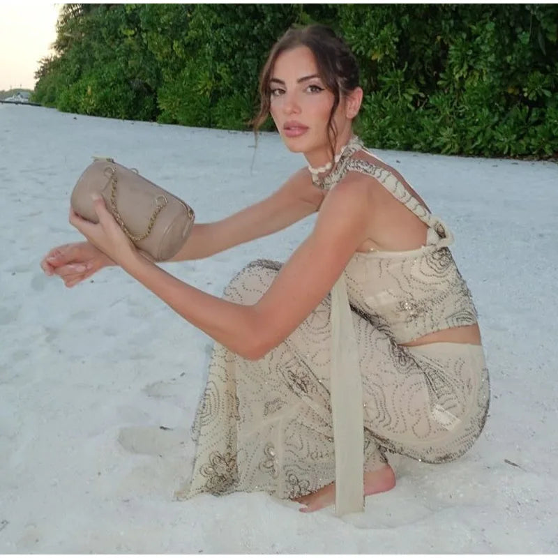 Sexy Beaded Halter Vest Long Skirt Sets Women Slim Backless Cropped Top Mermaid Skirts 2025 Summer Lady Beach Embroidery Outfits
