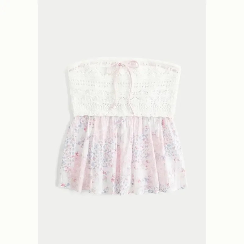 Summer New Sexy Spice French Elegant Ladies Top Lace Patchwork Halter Vest Floral Skirt Design Hollowed-Out Strapless Tops