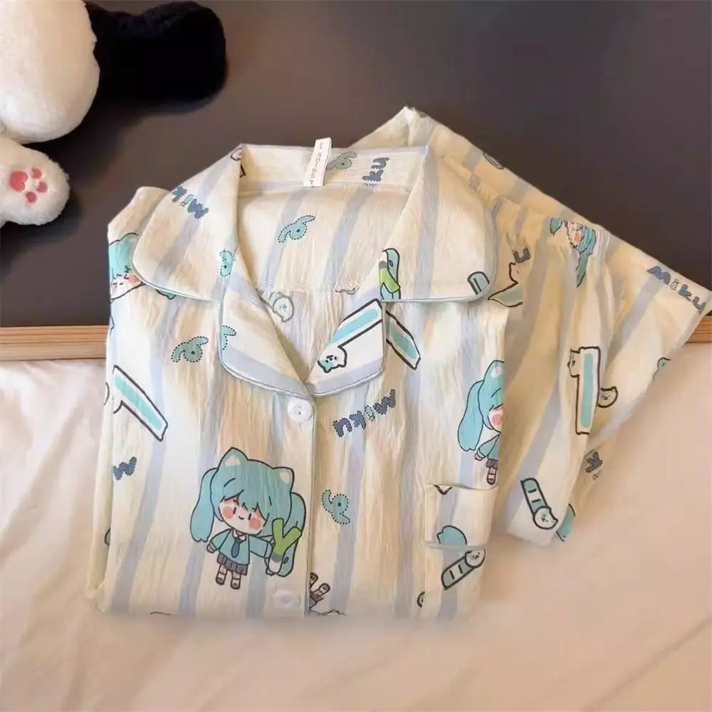 Hatsune Miku Cartoon Anime Thin Cotton Pajamas Two-piece Set Cute Spring and Autumn Student Home Wear Long-sleeved Trousers