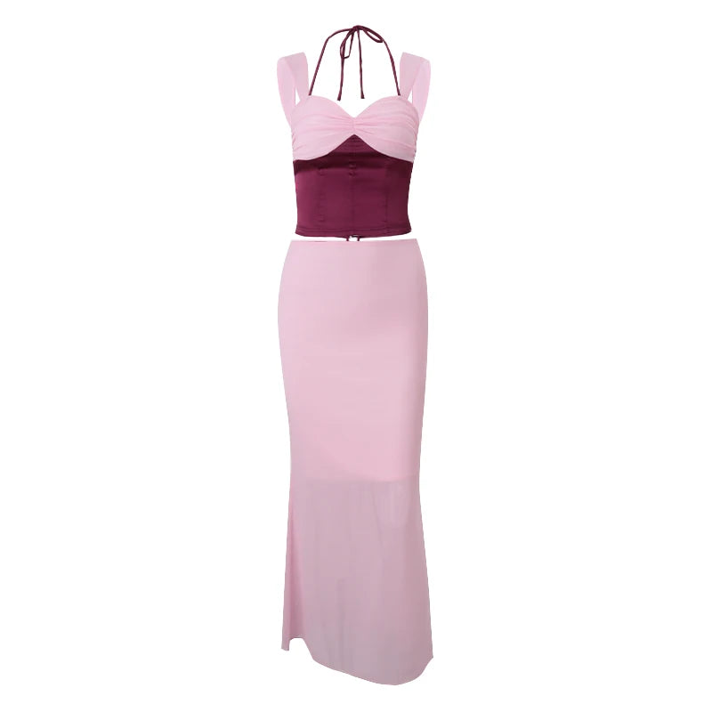 WhereMery Temperament Women's Two Piece Set Off Shoulder Sleeveless Patchwork Crop Tops With Sexy Slim Low-Waist Straight Skirts